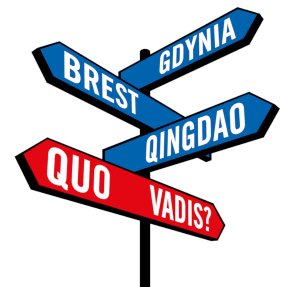 Ein Straßenschild mit der Beschilderung "Gdynia", "Brest", "Qingdao" und "Quo vadis?"