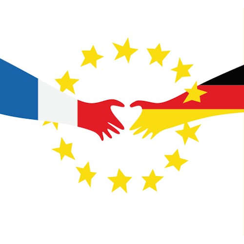 zwei Hände in französischen und deutschen Nationalfarben, umgeben von gelben Sternen