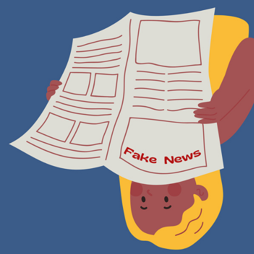 Cartoon einer Frau die eine Zeitung mit der Aufschrift "Fake News" liest, während sie auf dem Kopf steht.