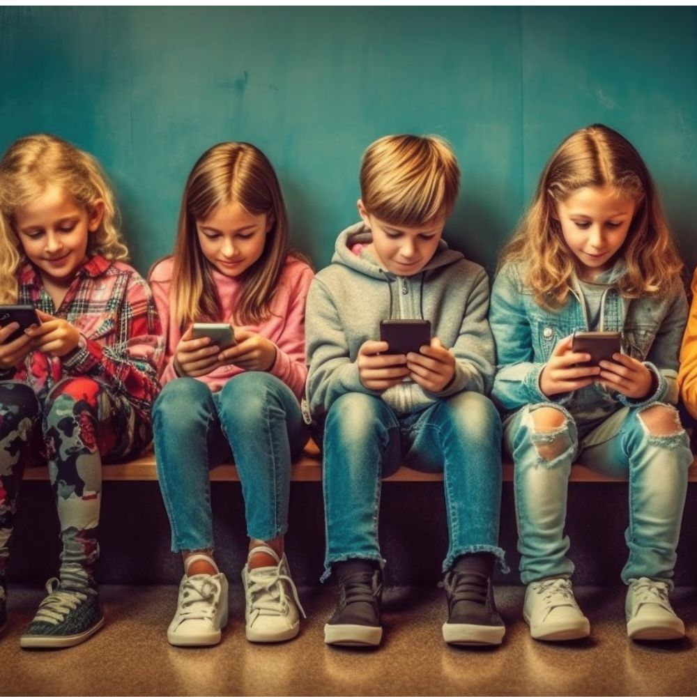 Kinder am Handy, mithilfe von KI erstellt