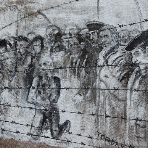 Detail aus „Holocaust“ mit Gefangenen hinter Stacheldrahtvon Alexander Torday