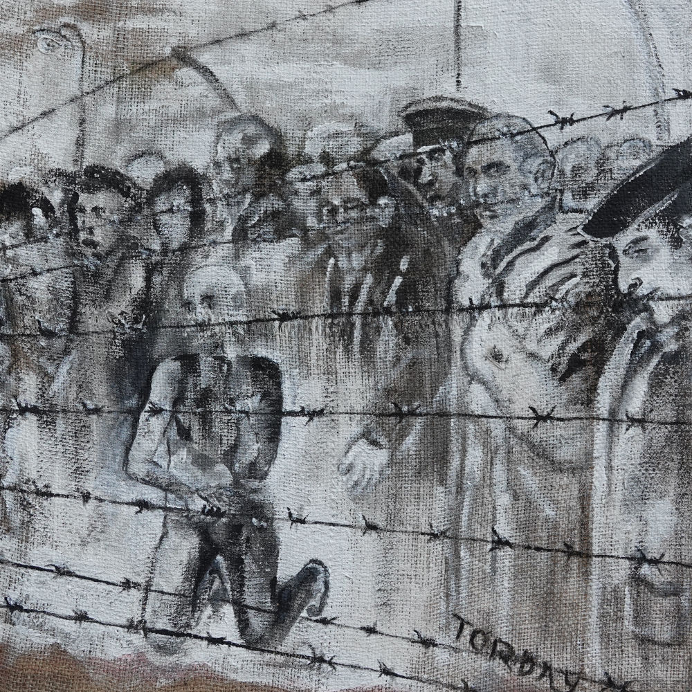 Detail aus „Holocaust“ mit Gefangenen hinter Stacheldraht von Alexander Torday