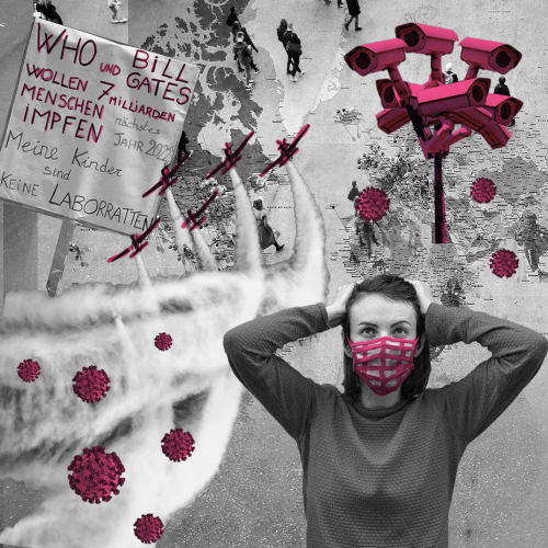 Collage mit Motiven aus Verschwörungstheorie: Mund- Nasenschutz, Chemtrails, Viren