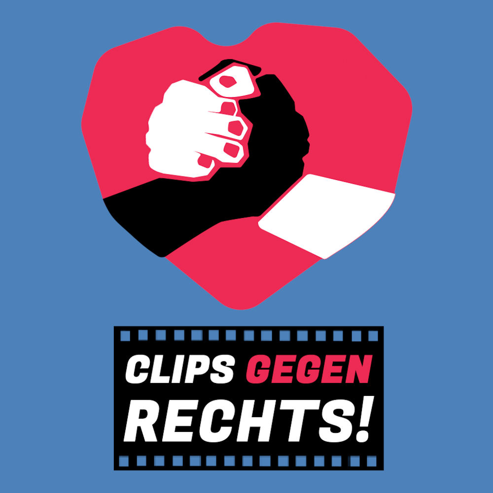 Schwarze und weiße Hand in Herz über Schriftzug: "Clips gegen rechts"