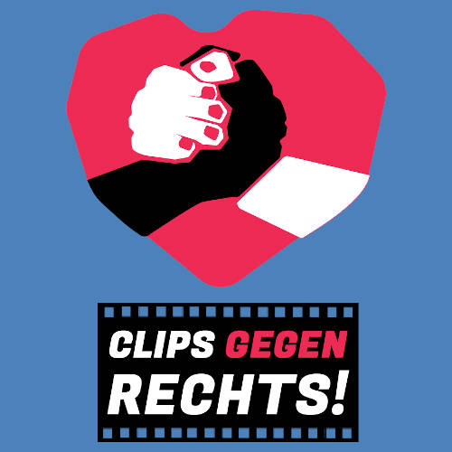 Schwarze und weiße Hand in Herz über Schriftzug: "Clips gegen rechts"