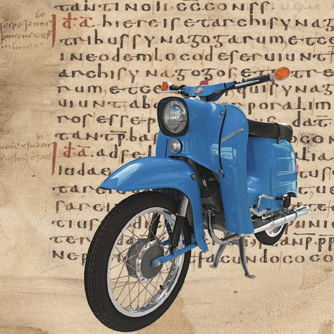 Simson Motorroller vor Schrift